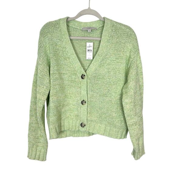 NWT Loft Sweater Womens Small Lime Green Marled Knit Cardigan Cropped Button Up - Picture 2 of 13